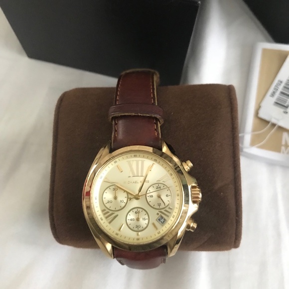 MICHAEL KORS CHRONO GOLD WATCH LEATHER STRAP $225 - Picture 2 of 8